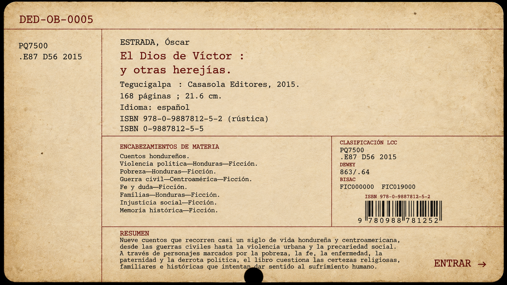 Ficha bibliográfica de El Dios de Víctor y otras herejías