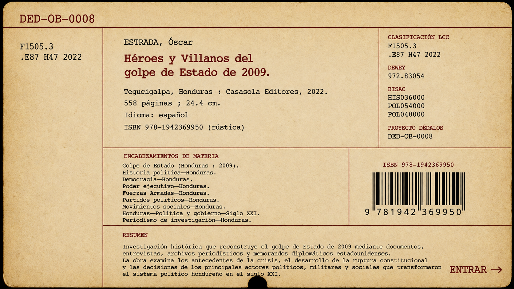 Ficha bibliográfica de Héroes y Villanos del golpe de Estado de 2009