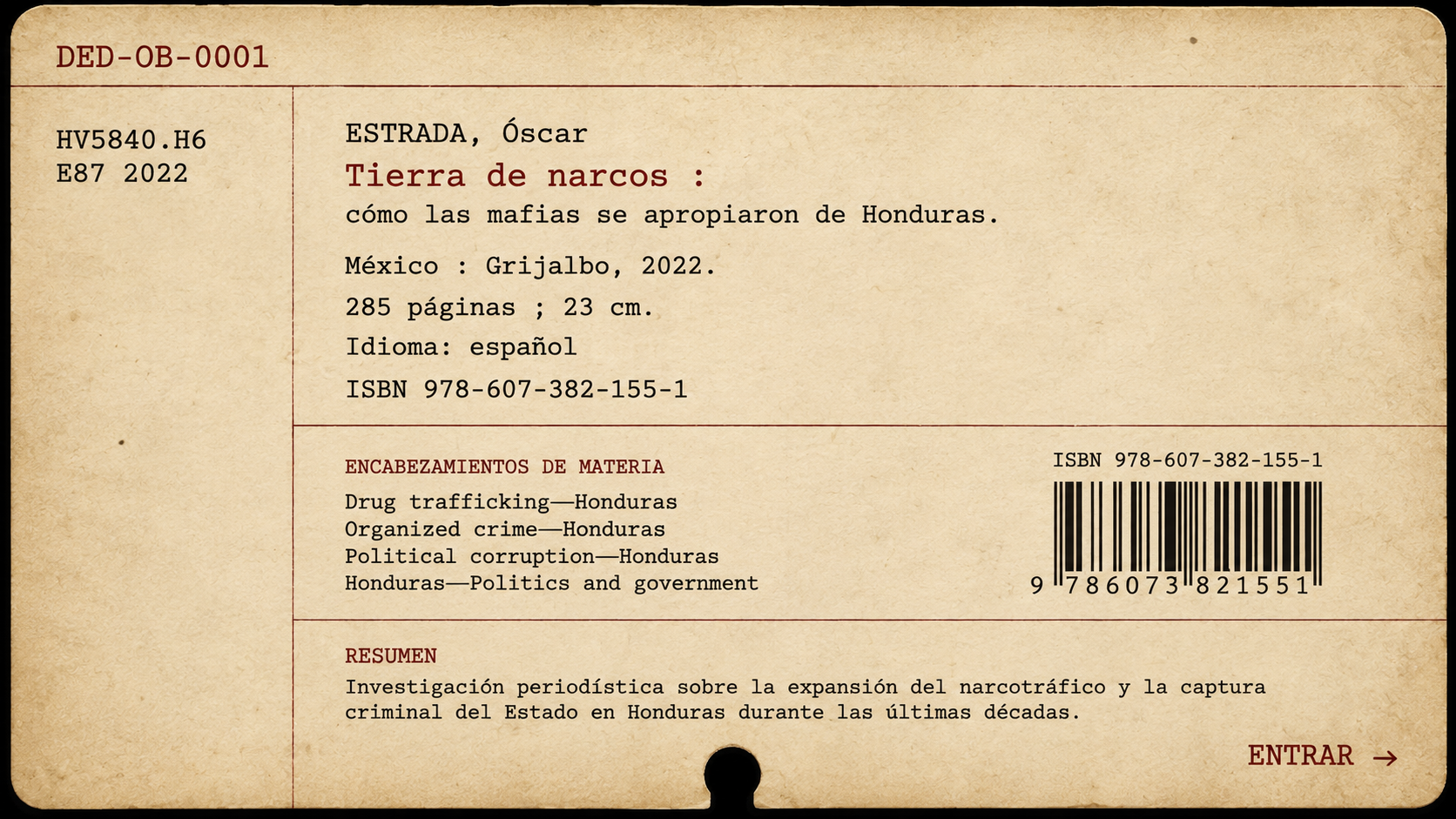 Ficha bibliográfica de Tierra de narcos